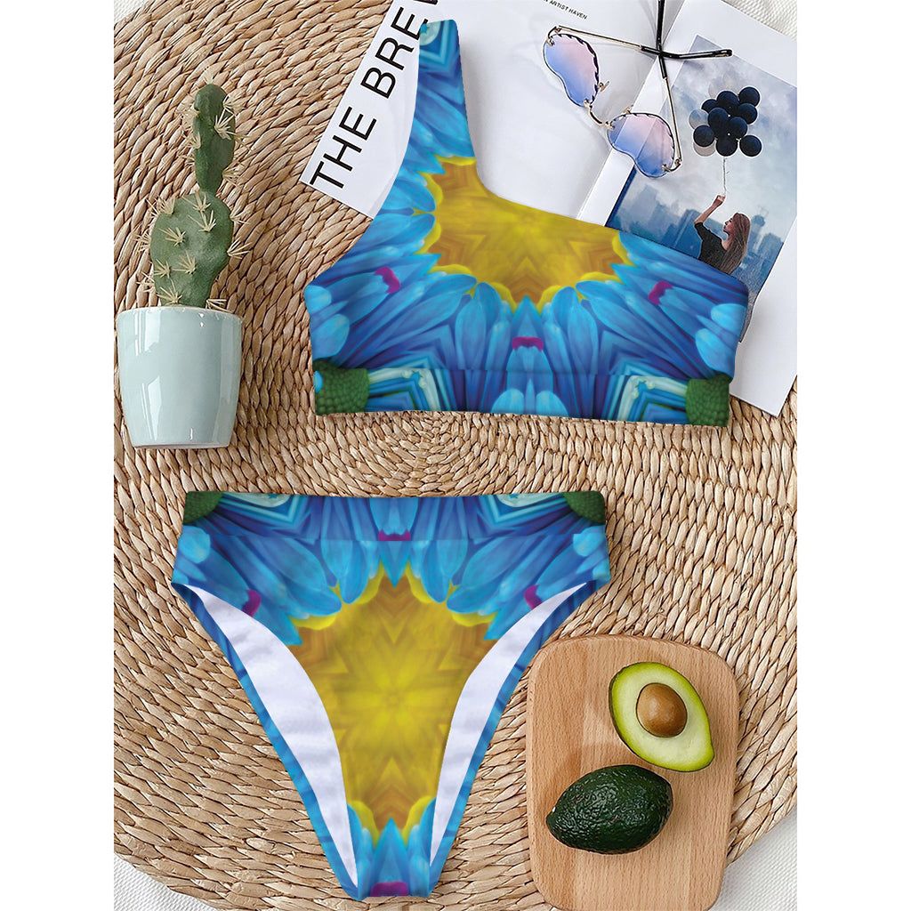 Blue And Pink Flowers Kaleidoscope Print One Shoulder Bikini Top