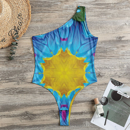 Blue And Pink Flowers Kaleidoscope Print One Shoulder Bodysuit