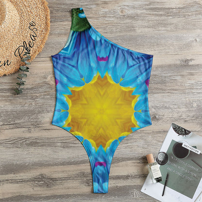 Blue And Pink Flowers Kaleidoscope Print One Shoulder Bodysuit