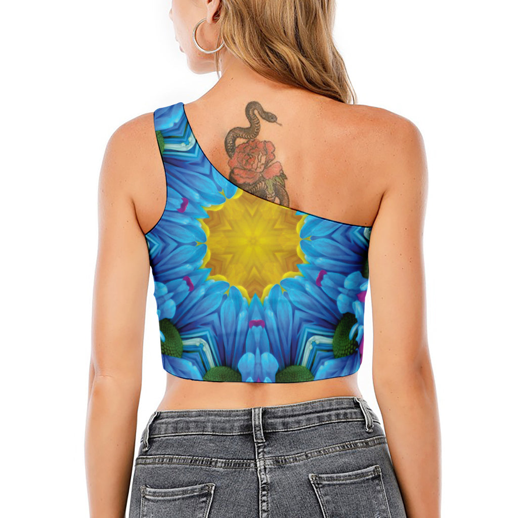 Blue And Pink Flowers Kaleidoscope Print One Shoulder Crop Top