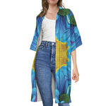 Blue And Pink Flowers Kaleidoscope Print Open Front Beach Cover Up