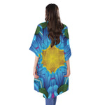 Blue And Pink Flowers Kaleidoscope Print Open Front Beach Cover Up