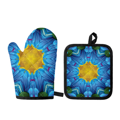 Blue And Pink Flowers Kaleidoscope Print Oven Mitt And Pot Holder Set