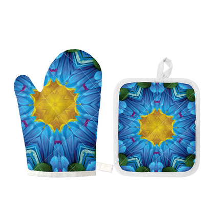 Blue And Pink Flowers Kaleidoscope Print Oven Mitt And Pot Holder Set