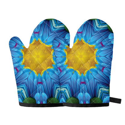 Blue And Pink Flowers Kaleidoscope Print Oven Mitts