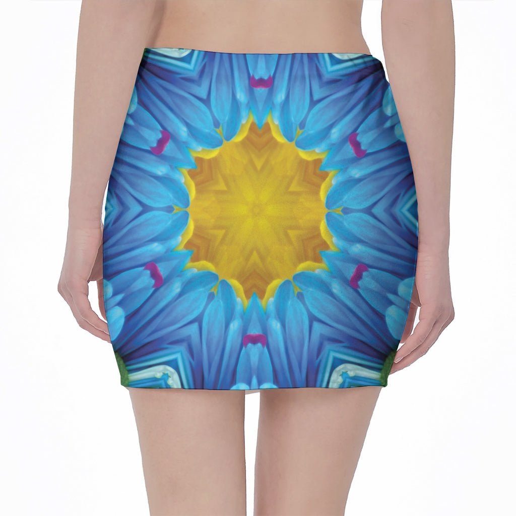 Blue And Pink Flowers Kaleidoscope Print Pencil Mini Skirt