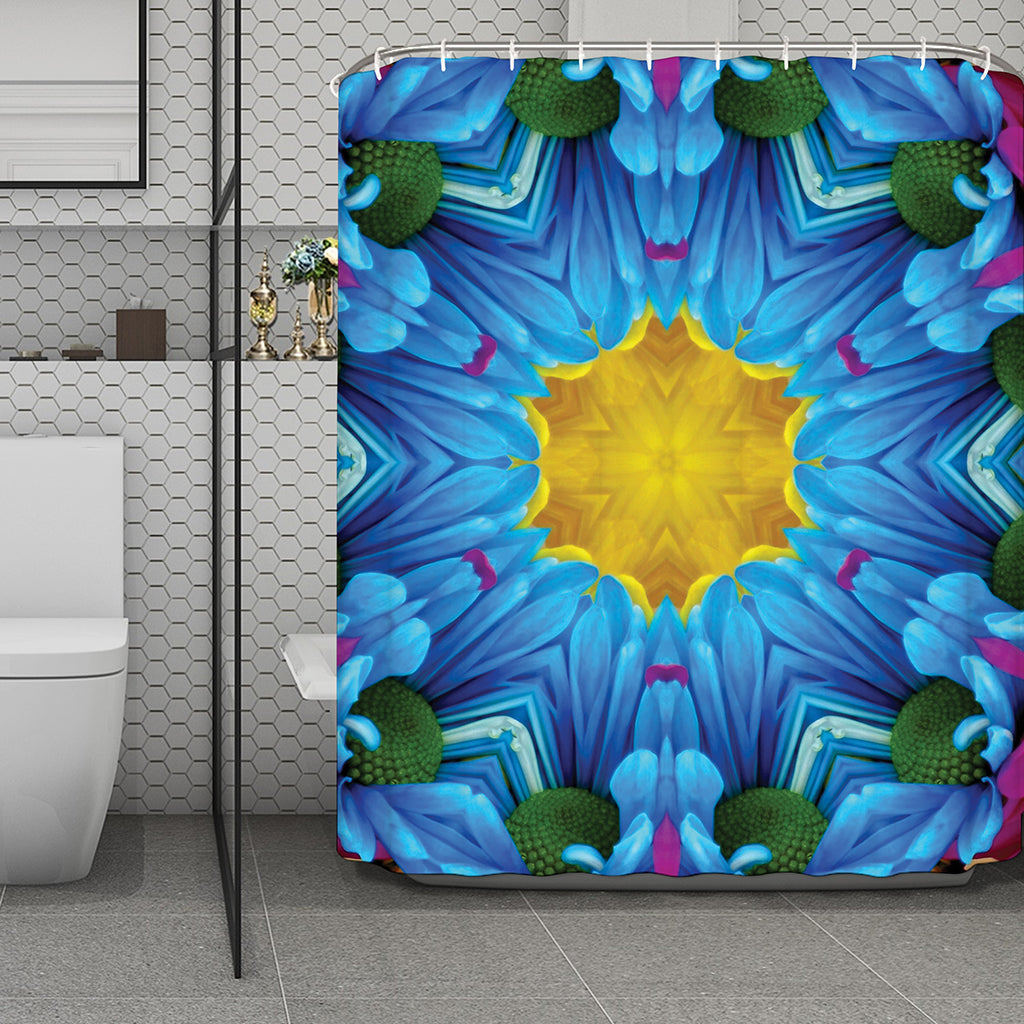 Blue And Pink Flowers Kaleidoscope Print Polyester Shower Curtain