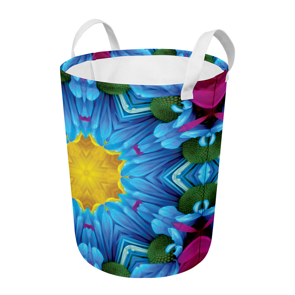 Blue And Pink Flowers Kaleidoscope Print Round Laundry Basket