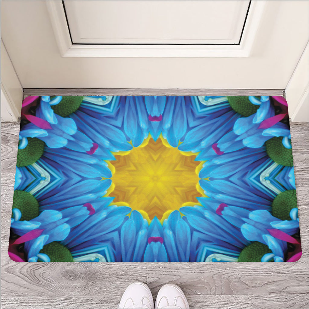Blue And Pink Flowers Kaleidoscope Print Rubber Doormat
