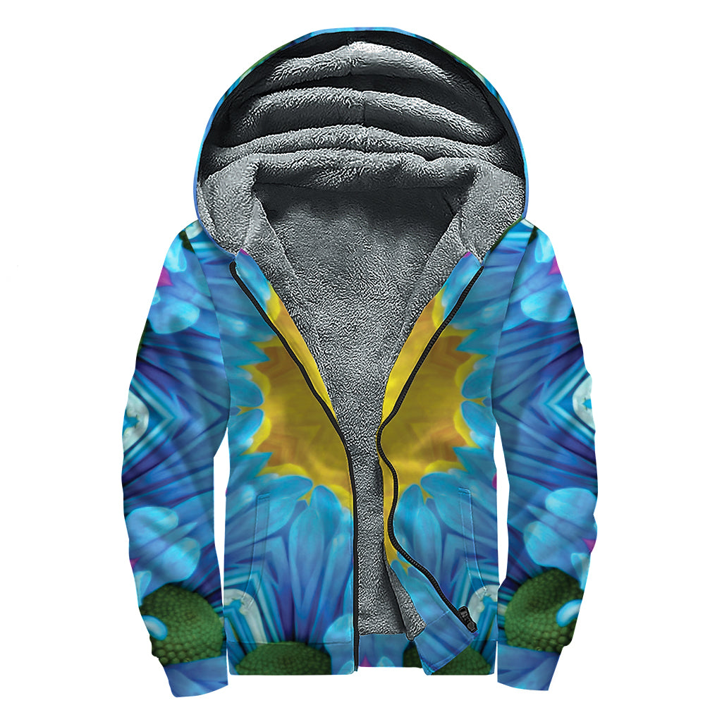 Blue And Pink Flowers Kaleidoscope Print Sherpa Lined Zip Up Hoodie