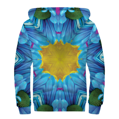 Blue And Pink Flowers Kaleidoscope Print Sherpa Lined Zip Up Hoodie