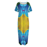 Blue And Pink Flowers Kaleidoscope Print Short Sleeve Long Nightdress
