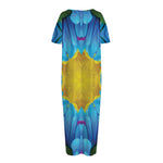 Blue And Pink Flowers Kaleidoscope Print Short Sleeve Long Nightdress