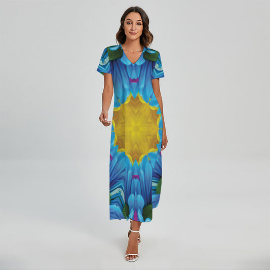 Blue And Pink Flowers Kaleidoscope Print Short Sleeve Maxi Dress