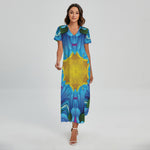 Blue And Pink Flowers Kaleidoscope Print Short Sleeve Maxi Dress