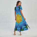 Blue And Pink Flowers Kaleidoscope Print Short Sleeve Maxi Dress