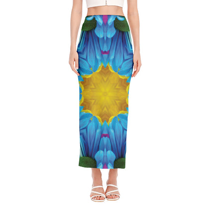 Blue And Pink Flowers Kaleidoscope Print Side Slit Maxi Skirt