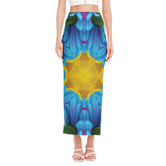 Blue And Pink Flowers Kaleidoscope Print Side Slit Maxi Skirt