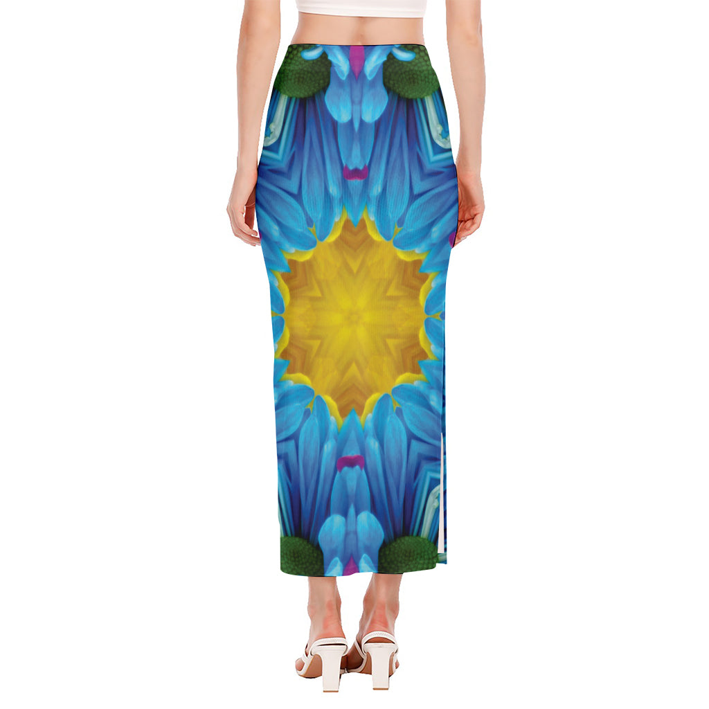 Blue And Pink Flowers Kaleidoscope Print Side Slit Maxi Skirt