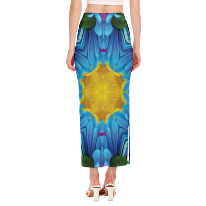 Blue And Pink Flowers Kaleidoscope Print Side Slit Maxi Skirt