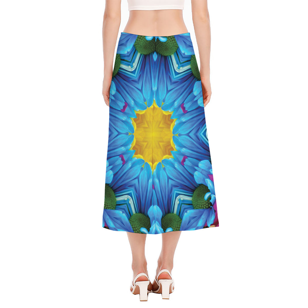 Blue And Pink Flowers Kaleidoscope Print Side Slit Midi Skirt