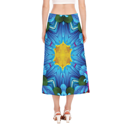Blue And Pink Flowers Kaleidoscope Print Side Slit Midi Skirt