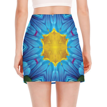 Blue And Pink Flowers Kaleidoscope Print Side Slit Mini Skirt