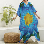 Blue And Pink Flowers Kaleidoscope Print Silk V-Neck Kaftan Dress