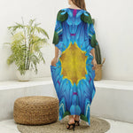 Blue And Pink Flowers Kaleidoscope Print Silk V-Neck Kaftan Dress