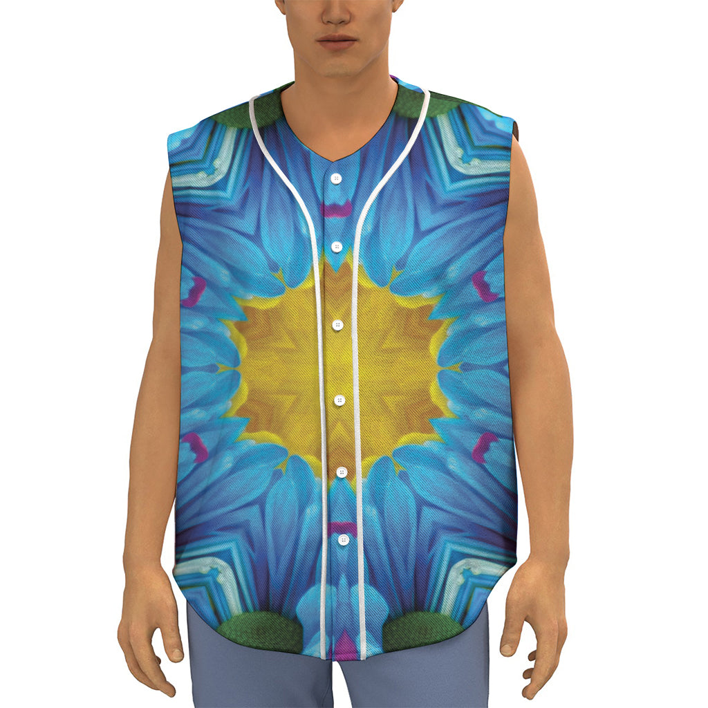Blue And Pink Flowers Kaleidoscope Print Sleeveless Baseball Jersey