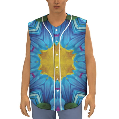 Blue And Pink Flowers Kaleidoscope Print Sleeveless Baseball Jersey