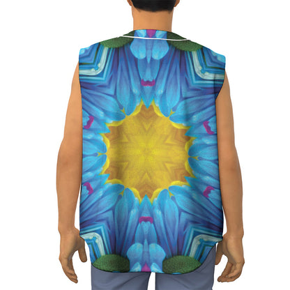 Blue And Pink Flowers Kaleidoscope Print Sleeveless Baseball Jersey