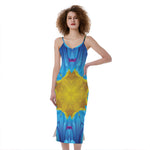 Blue And Pink Flowers Kaleidoscope Print Slim Fit Midi Cami Dress