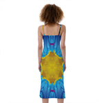Blue And Pink Flowers Kaleidoscope Print Slim Fit Midi Cami Dress