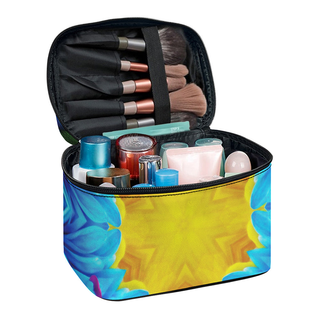 Blue And Pink Flowers Kaleidoscope Print Travel Makeup Bag