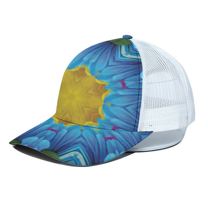 Blue And Pink Flowers Kaleidoscope Print White Mesh Trucker Cap