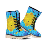 Blue And Pink Flowers Kaleidoscope Print Winter Boots