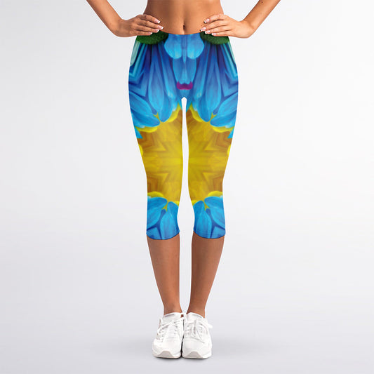 Blue And Pink Flowers Kaleidoscope Print Women's Capri Leggings