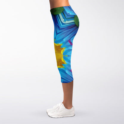 Blue And Pink Flowers Kaleidoscope Print Women's Capri Leggings