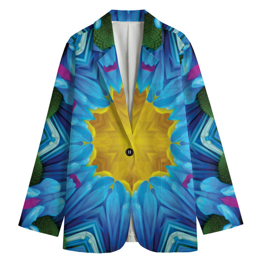 Blue And Pink Flowers Kaleidoscope Print Women's Cotton Blazer