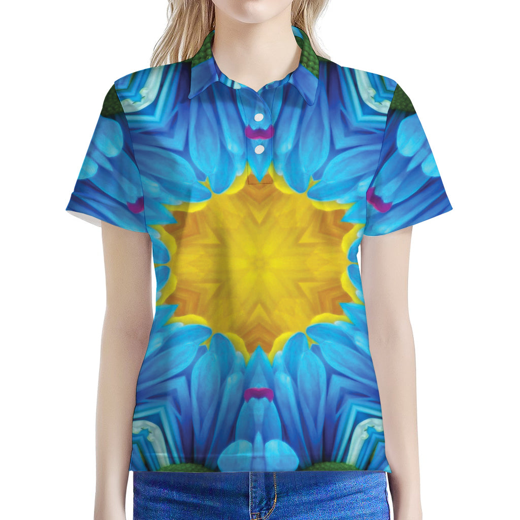 Blue And Pink Flowers Kaleidoscope Print Women's Polo Shirt