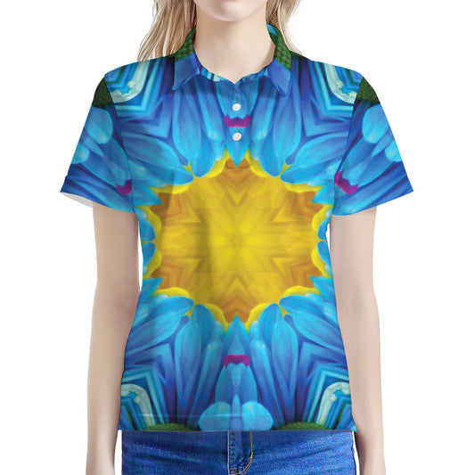 Blue And Pink Flowers Kaleidoscope Print Women's Polo Shirt