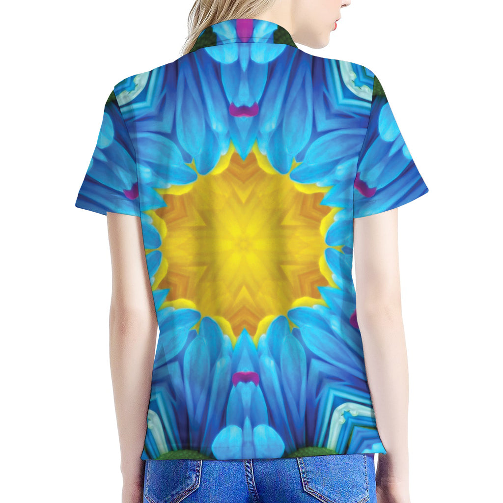 Blue And Pink Flowers Kaleidoscope Print Women's Polo Shirt