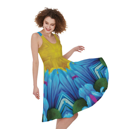 Blue And Pink Flowers Kaleidoscope Print Women's Sleeveless Dress