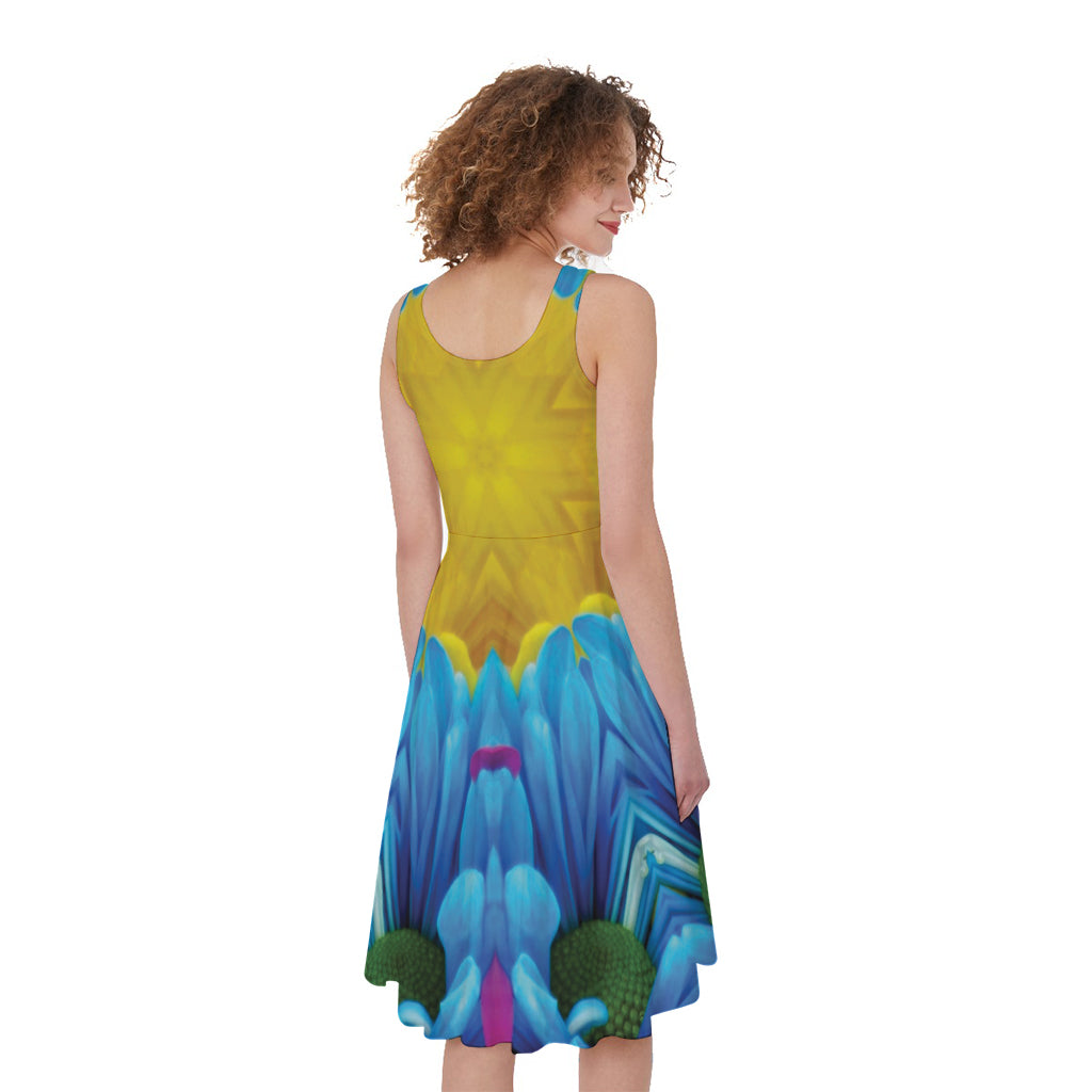 Blue And Pink Flowers Kaleidoscope Print Women's Sleeveless Dress