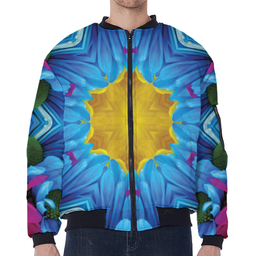 Blue And Pink Flowers Kaleidoscope Print Zip Sleeve Bomber Jacket