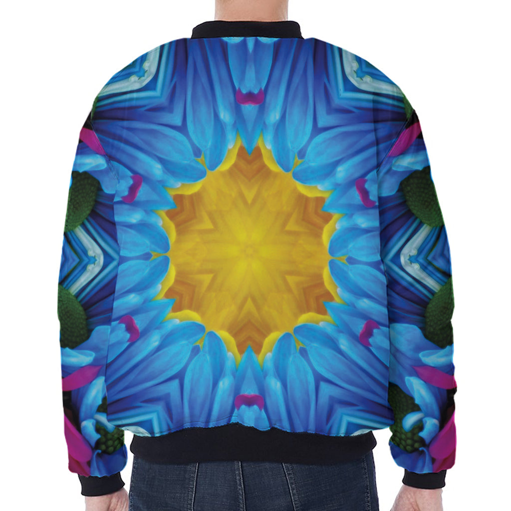 Blue And Pink Flowers Kaleidoscope Print Zip Sleeve Bomber Jacket