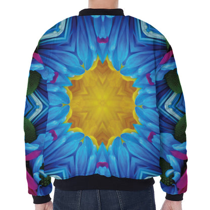Blue And Pink Flowers Kaleidoscope Print Zip Sleeve Bomber Jacket
