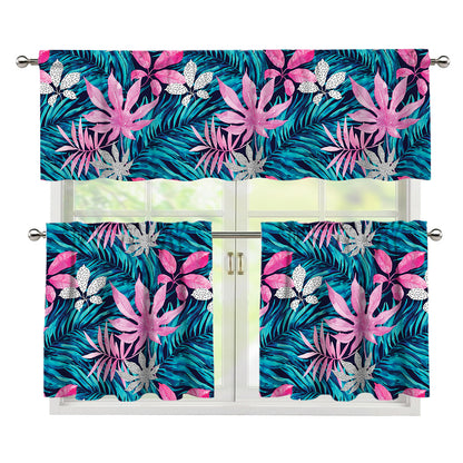 Blue And Pink Watercolor Hawaiian Print 3 Piece Kitchen Curtains