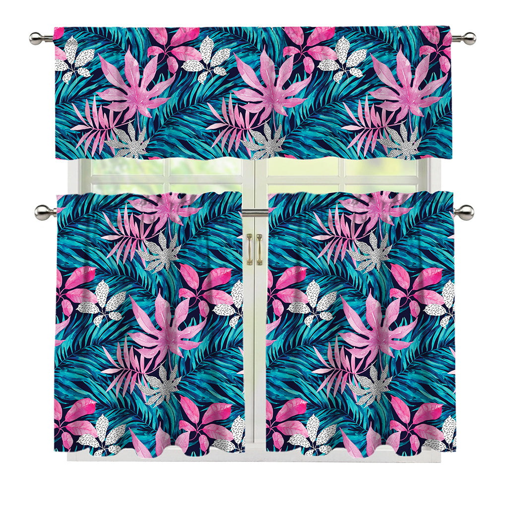 Blue And Pink Watercolor Hawaiian Print 3 Piece Kitchen Curtains